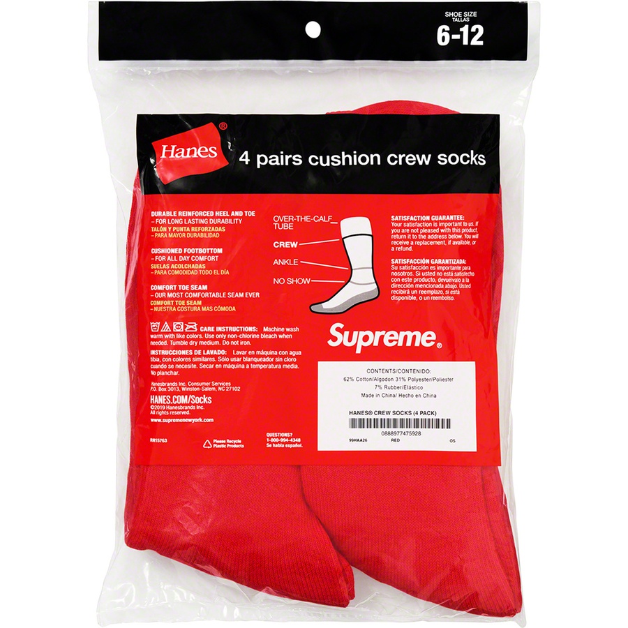 Details on Supreme Hanes Crew Socks (4 Pack) Red from fall winter 2019 (Price is $20)