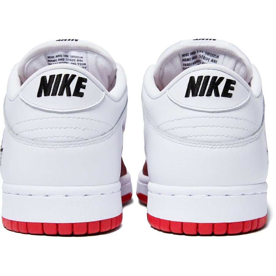 Details on Supreme Nike SB Dunk Low White from fall winter
                                                    2019 (Price is $110)