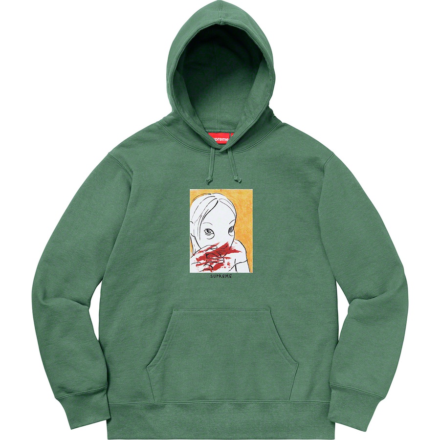 Details on Nose Bleed Hooded Sweatshirt Dusty Teal from fall winter 2019 (Price is $168)
