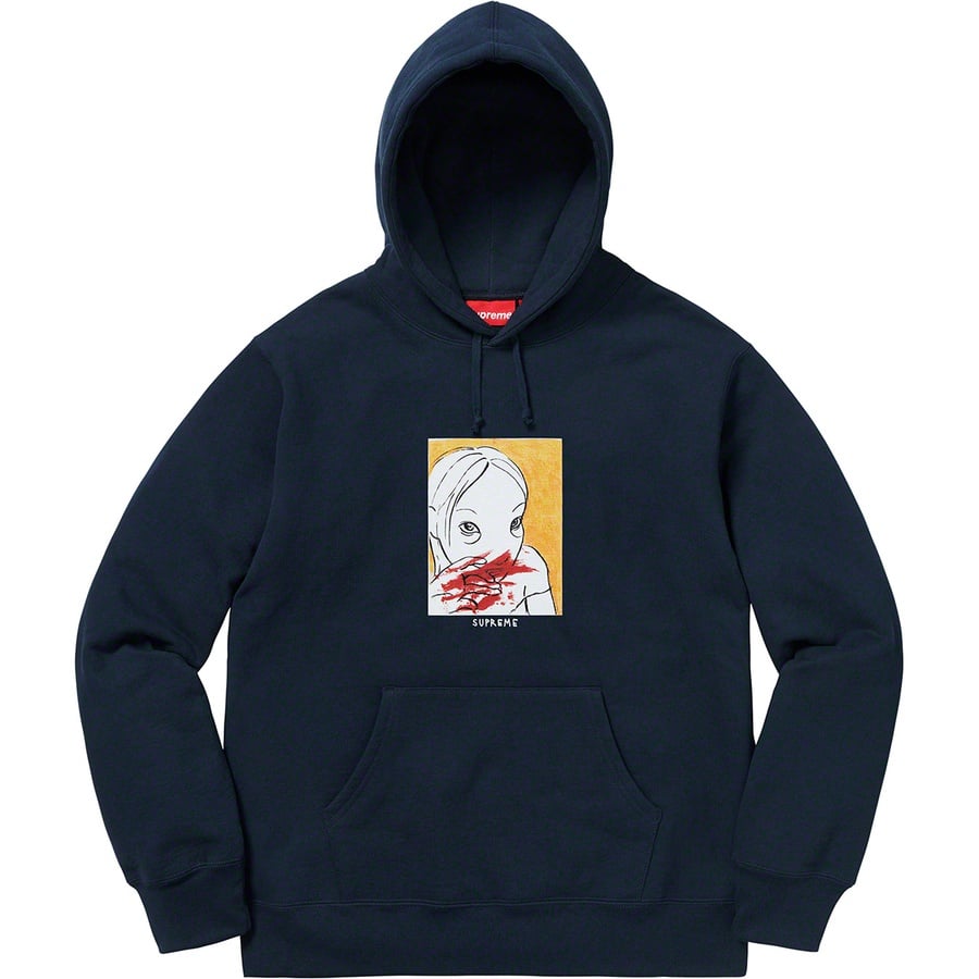 Details on Nose Bleed Hooded Sweatshirt Navy from fall winter 2019 (Price is $168)