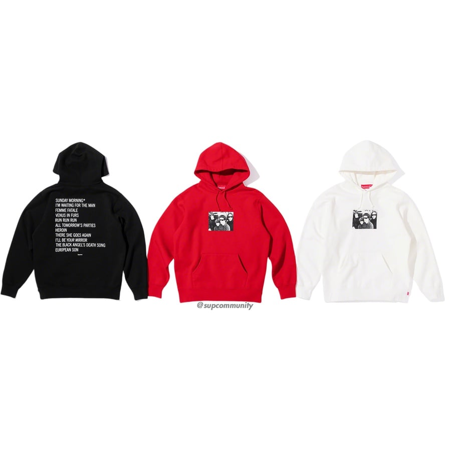Details on Supreme The Velvet Underground Hooded Sweatshirt from fall winter 2019 (Price is $178)