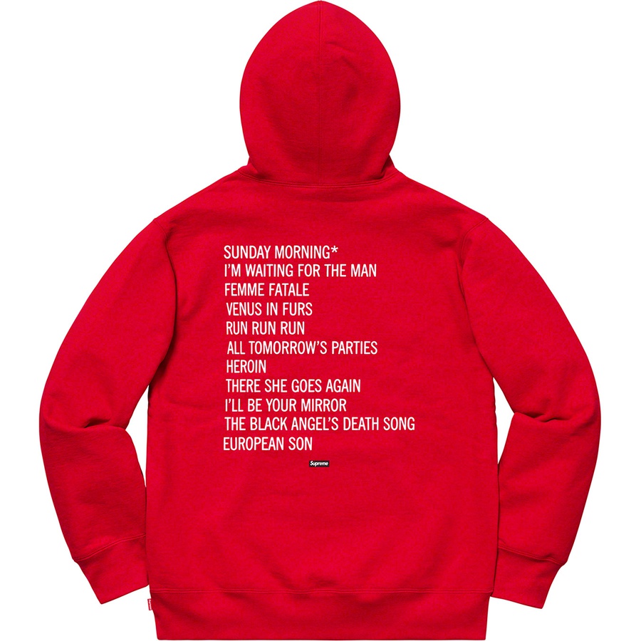 Details on Supreme The Velvet Underground Hooded Sweatshirt Red from fall winter 2019 (Price is $178)