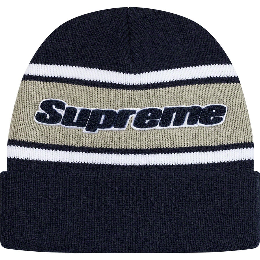 Details on Chenille Stripe Beanie Navy from fall winter 2019 (Price is $36)