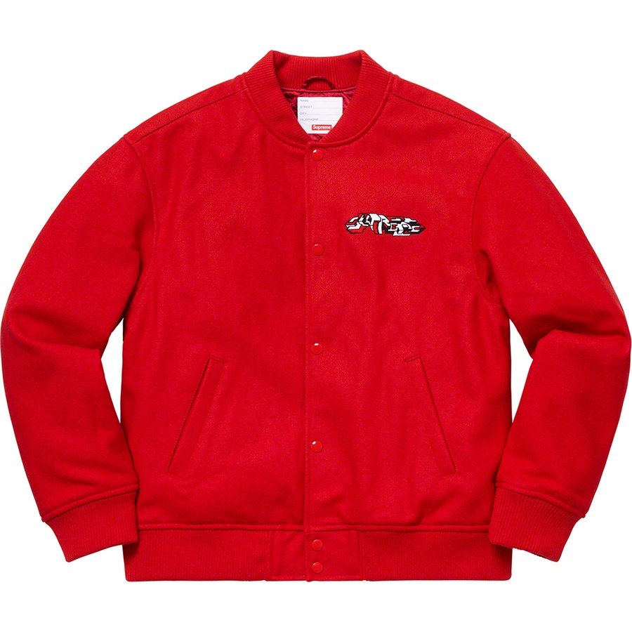 Details on Delta Logo Varsity Jacket Red from fall winter 2019 (Price is $338)