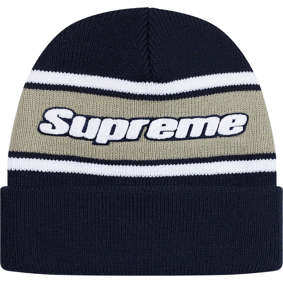 Details on Chenille Stripe Beanie Navy from fall winter
                                                    2019 (Price is $36)