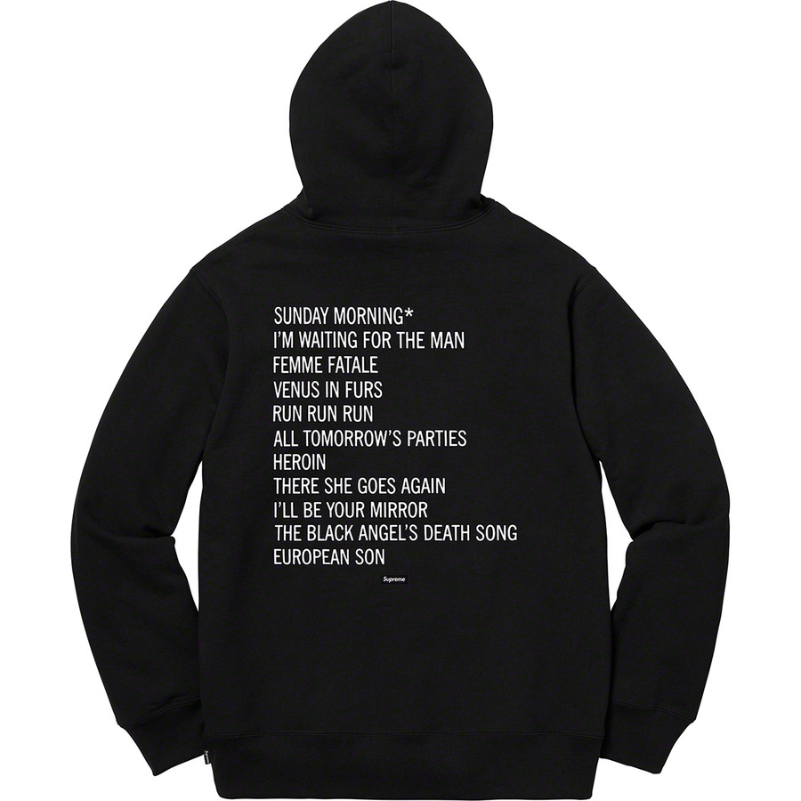Details on Supreme The Velvet Underground Hooded Sweatshirt Black from fall winter 2019 (Price is $178)