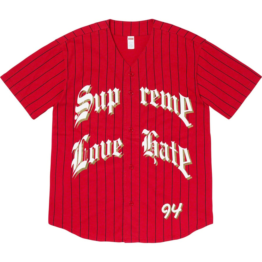 Details on Love Hate Baseball Jersey Red from fall winter 2019 (Price is $110)