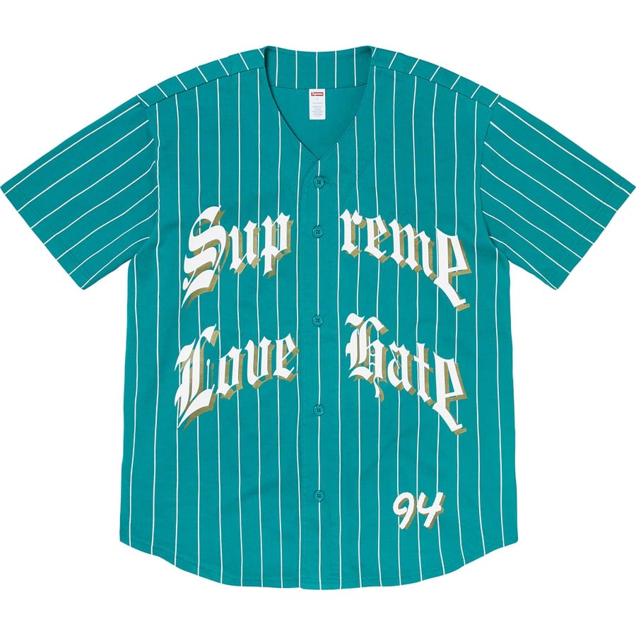 Details on Love Hate Baseball Jersey Teal from fall winter 2019 (Price is $110)