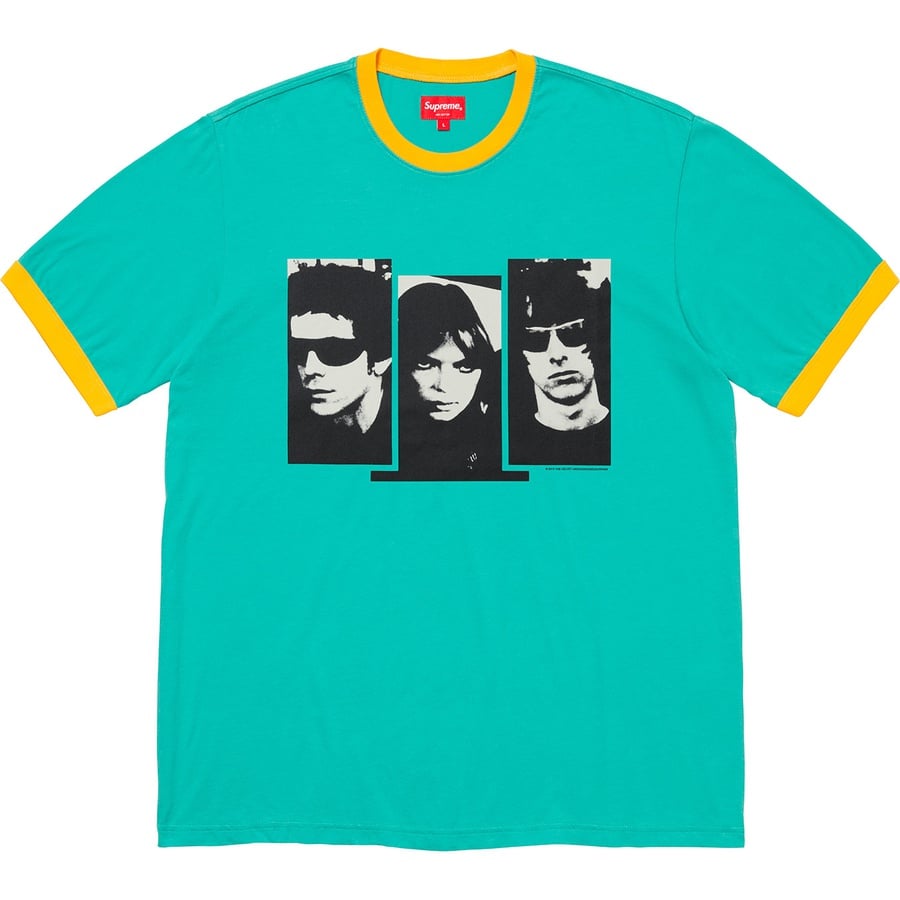 Details on Supreme The Velvet Underground Ringer Tee Teal from fall winter 2019 (Price is $98)