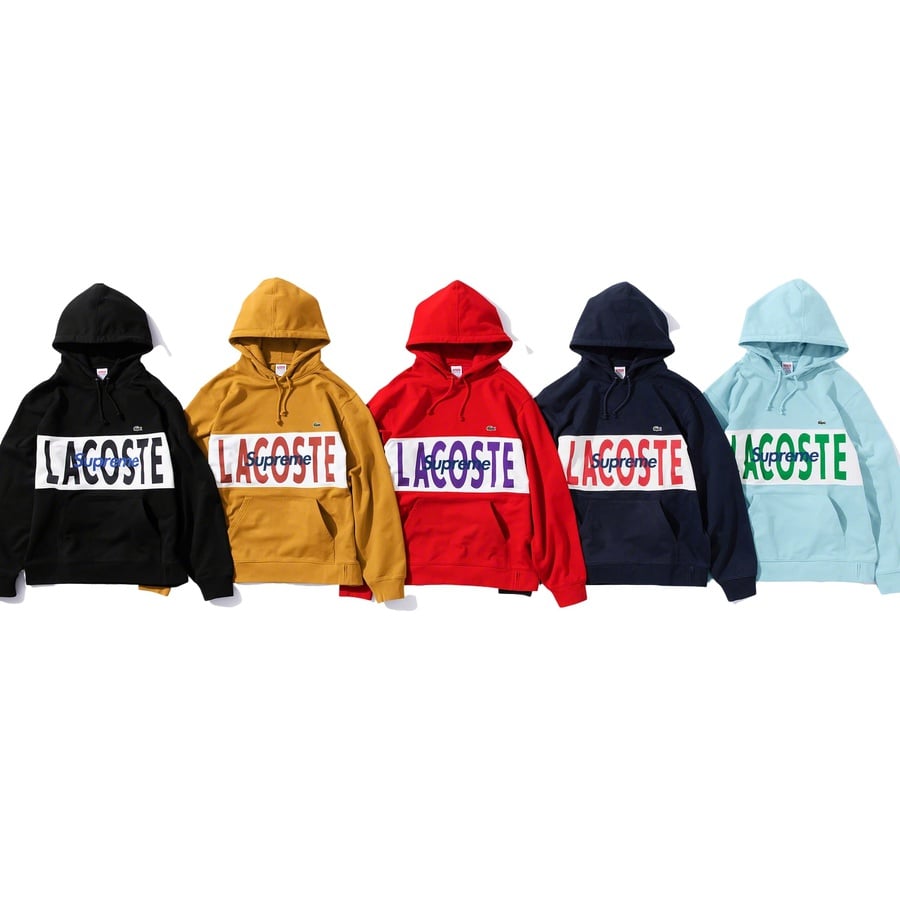 Details on Supreme LACOSTE Logo Panel Hooded Sweatshirt from fall winter 2019 (Price is $158)