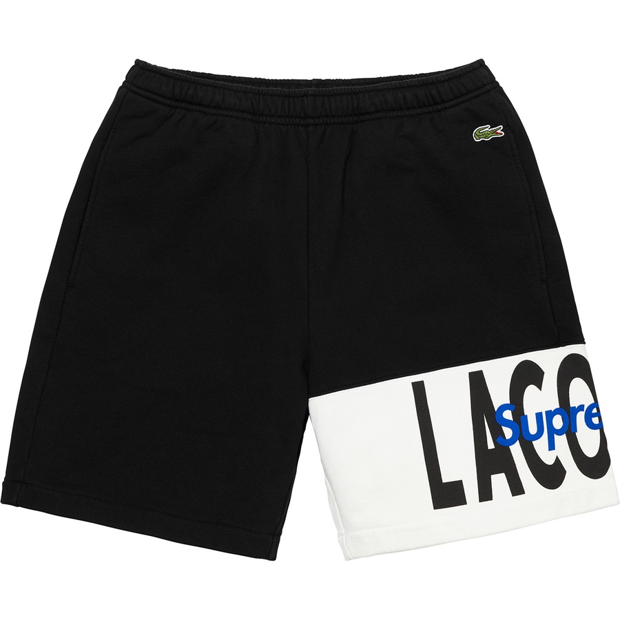 Details on Supreme LACOSTE Logo Panel Sweatshort Black from fall winter 2019 (Price is $128)