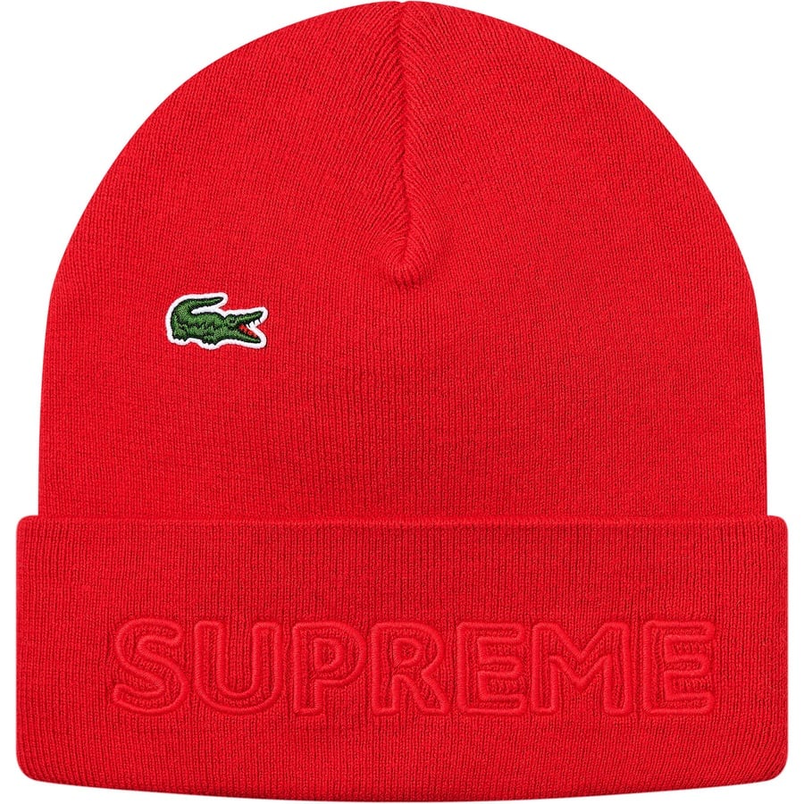 Details on Supreme LACOSTE Beanie Red from fall winter 2019 (Price is $58)