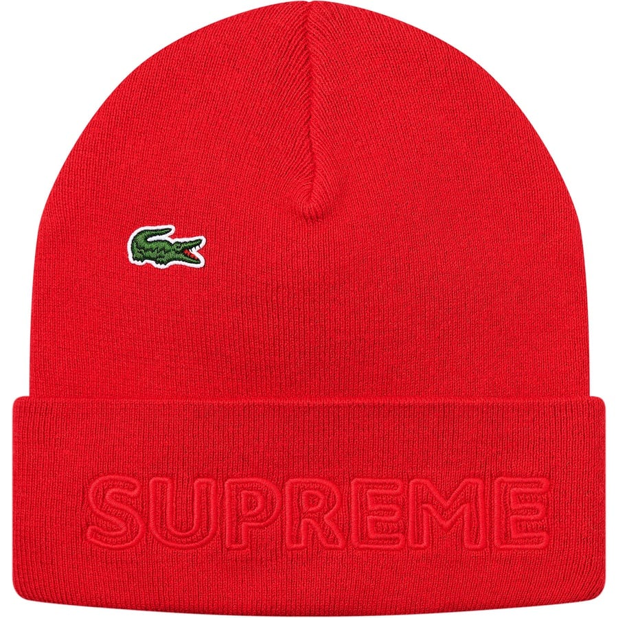 Details on Supreme LACOSTE Beanie Red from fall winter
                                                    2019 (Price is $58)