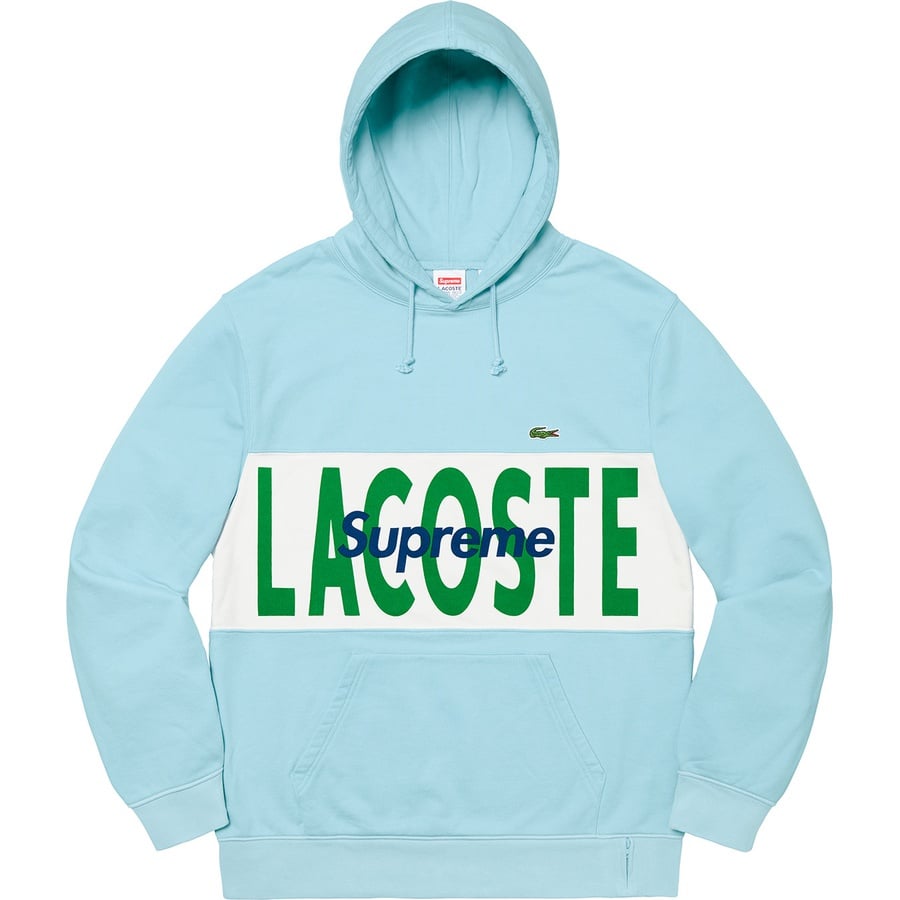 Details on Supreme LACOSTE Logo Panel Hooded Sweatshirt Light Blue from fall winter 2019 (Price is $158)