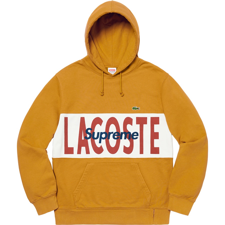 Details on Supreme LACOSTE Logo Panel Hooded Sweatshirt Gold from fall winter 2019 (Price is $158)