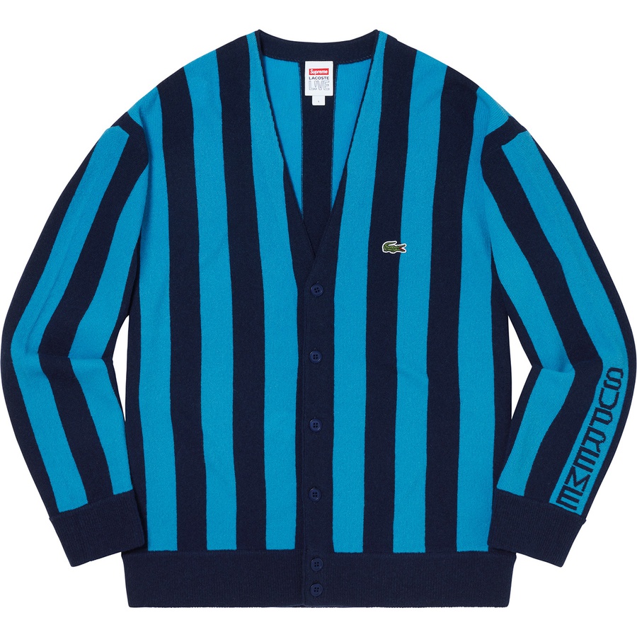 Details on Supreme LACOSTE Stripe Cardigan Navy from fall winter
                                                    2019 (Price is $188)