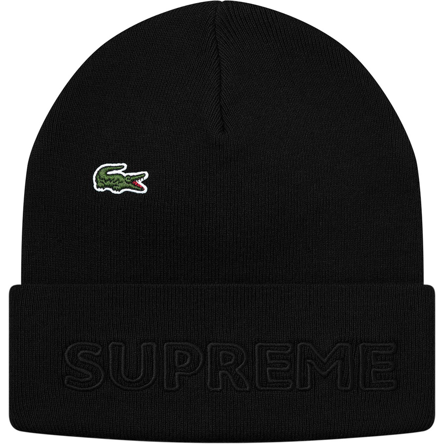 Details on Supreme LACOSTE Beanie Black from fall winter 2019 (Price is $58)