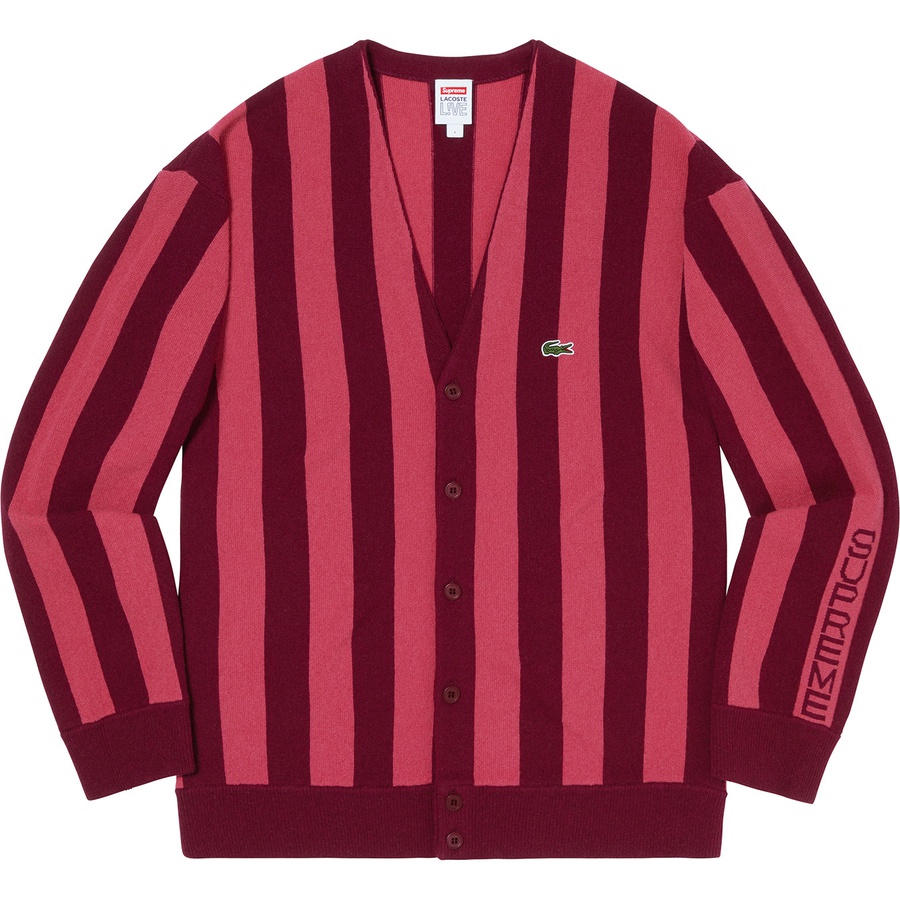 Details on Supreme LACOSTE Stripe Cardigan Burgundy from fall winter
                                                    2019 (Price is $188)