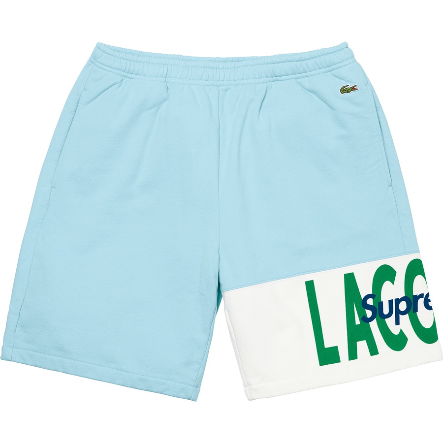 Details on Supreme LACOSTE Logo Panel Sweatshort Light Blue from fall winter
                                                    2019 (Price is $128)