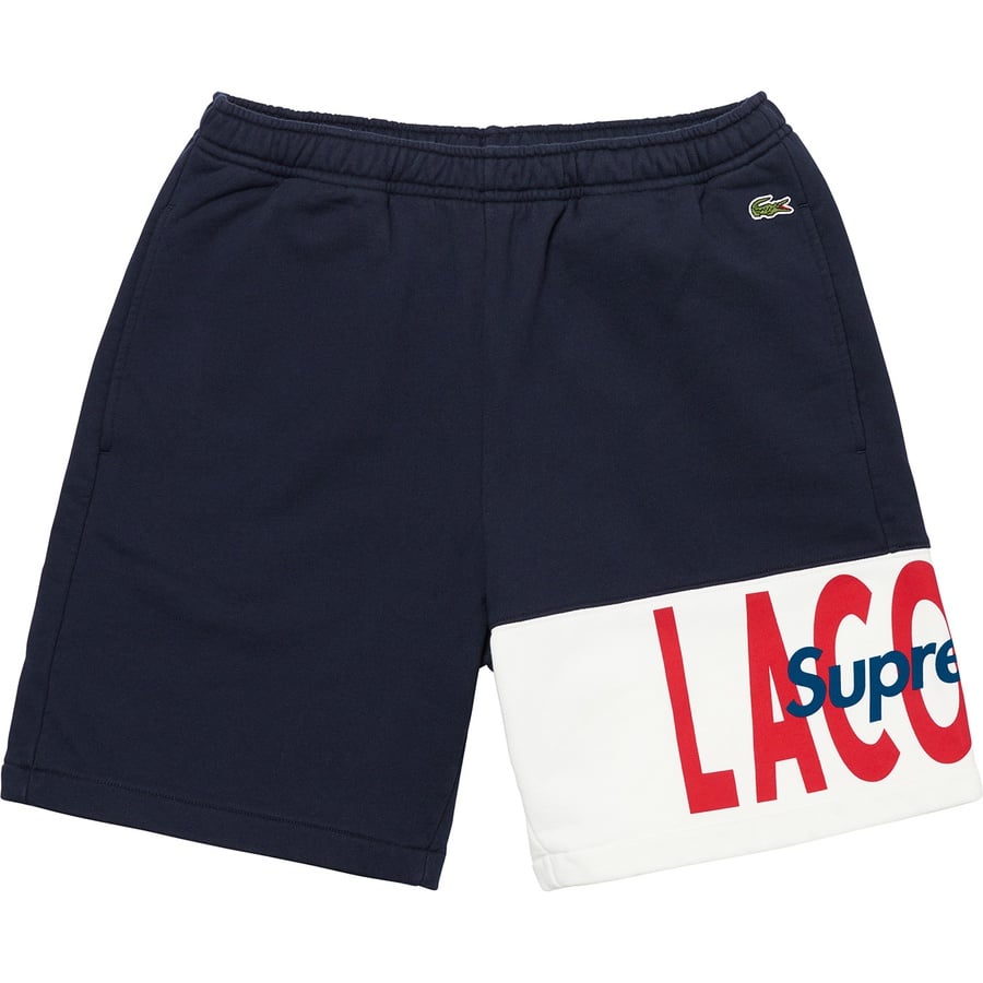 Details on Supreme LACOSTE Logo Panel Sweatshort Navy from fall winter 2019 (Price is $128)