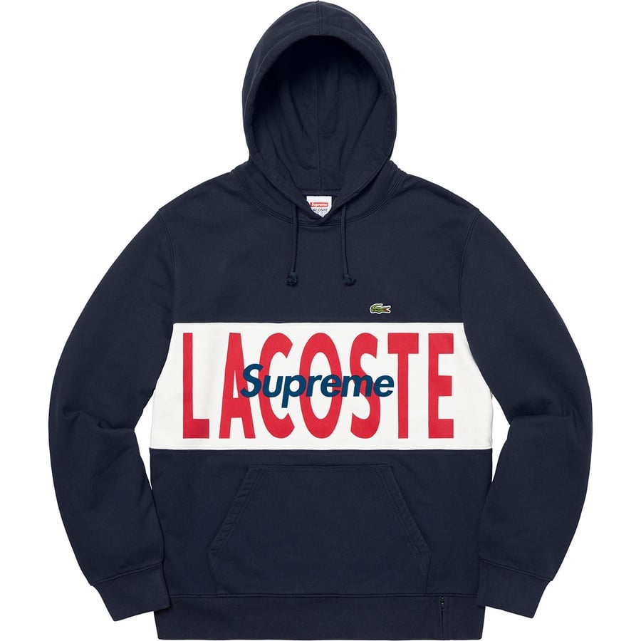 Details on Supreme LACOSTE Logo Panel Hooded Sweatshirt Navy from fall winter
                                                    2019 (Price is $158)