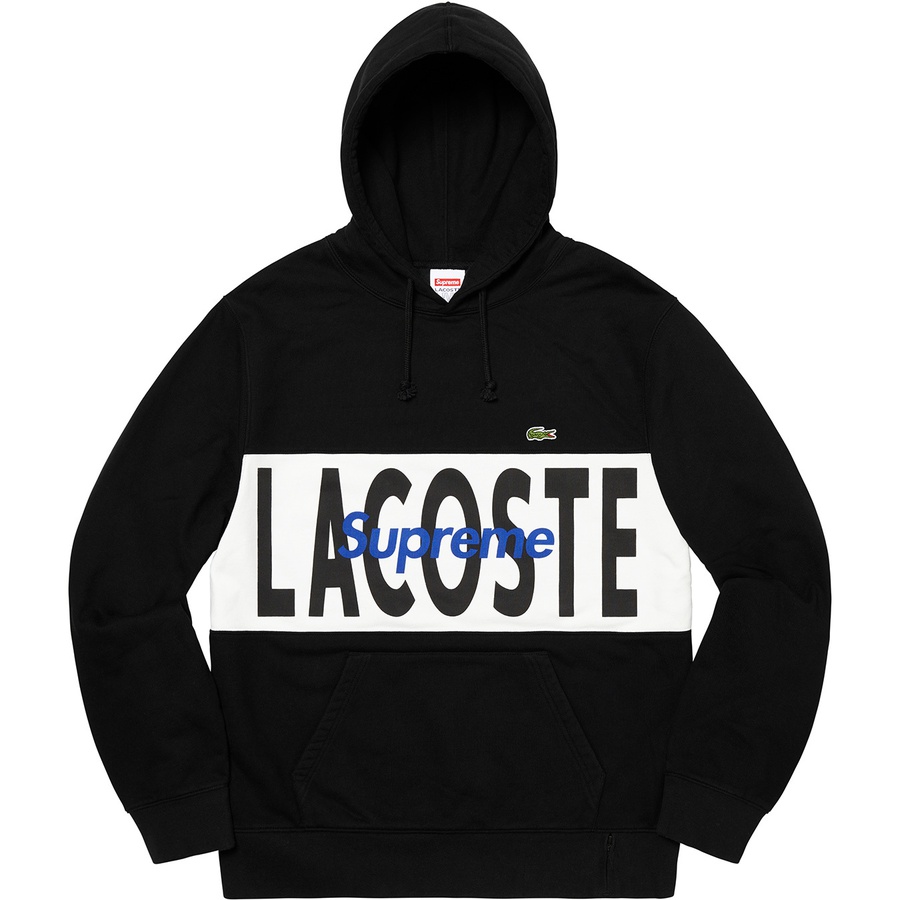 Details on Supreme LACOSTE Logo Panel Hooded Sweatshirt Black from fall winter 2019 (Price is $158)