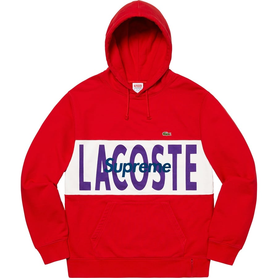 Details on Supreme LACOSTE Logo Panel Hooded Sweatshirt Red from fall winter 2019 (Price is $158)