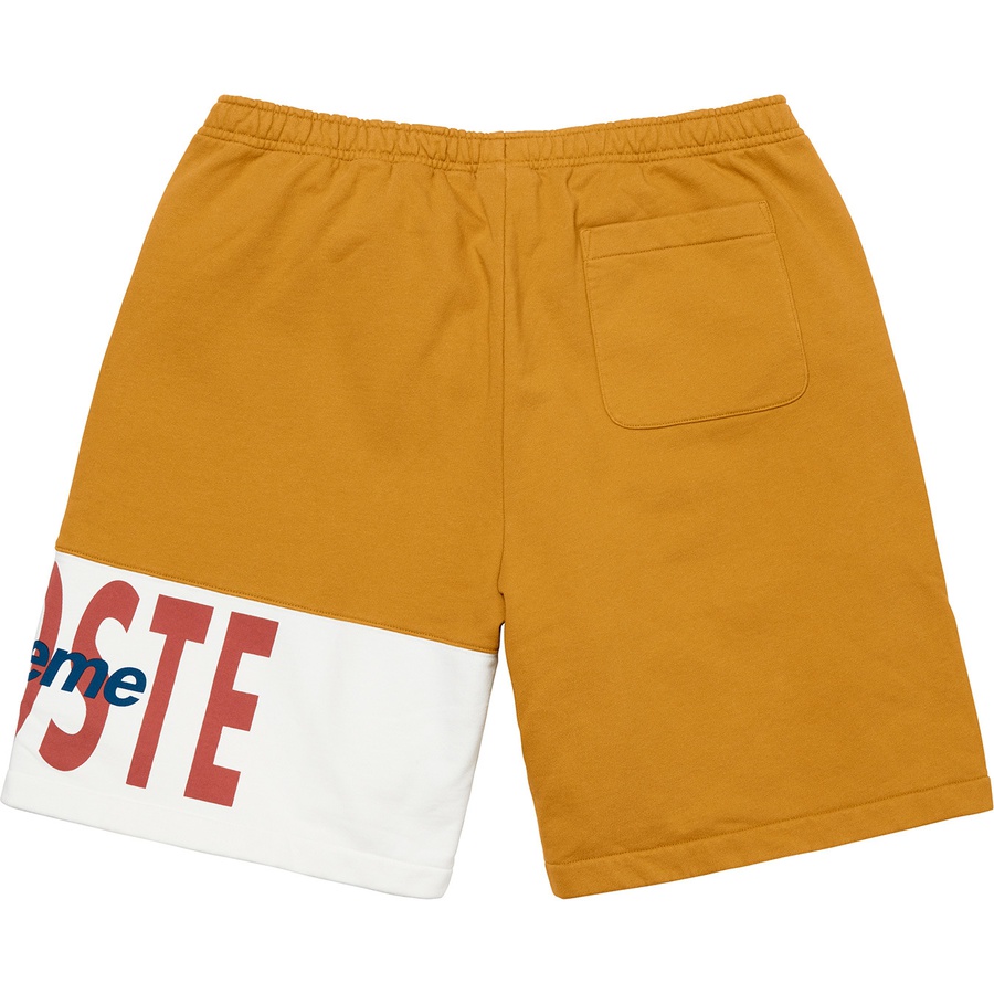 Details on Supreme LACOSTE Logo Panel Sweatshort Gold from fall winter 2019 (Price is $128)