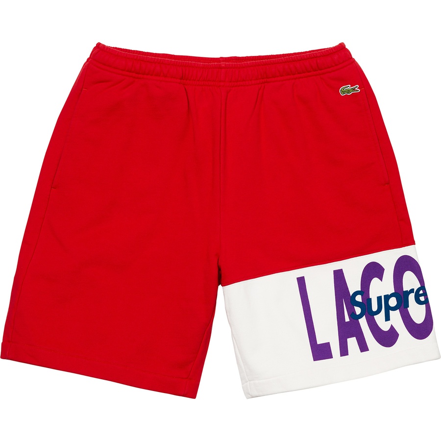 Details on Supreme LACOSTE Logo Panel Sweatshort Red from fall winter 2019 (Price is $128)
