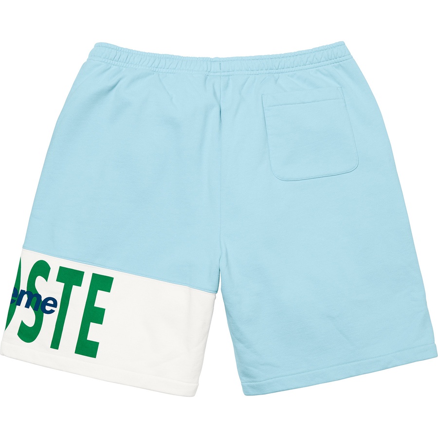 Details on Supreme LACOSTE Logo Panel Sweatshort Light Blue from fall winter 2019 (Price is $128)