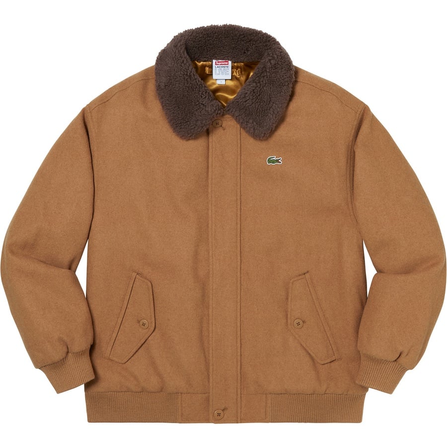 Details on Supreme LACOSTE Wool Bomber Jacket Tan from fall winter 2019 (Price is $368)