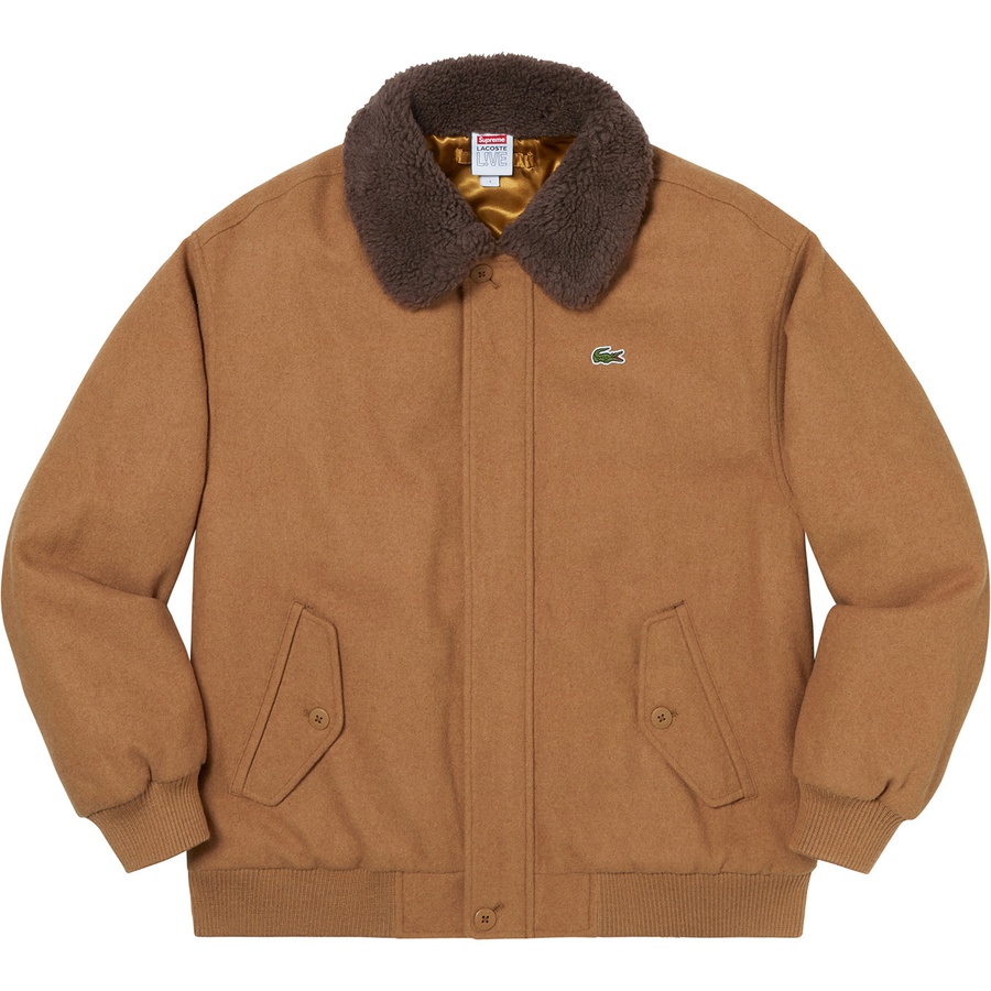 Details on Supreme LACOSTE Wool Bomber Jacket Tan from fall winter
                                                    2019 (Price is $368)