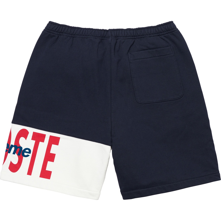 Details on Supreme LACOSTE Logo Panel Sweatshort Navy from fall winter 2019 (Price is $128)