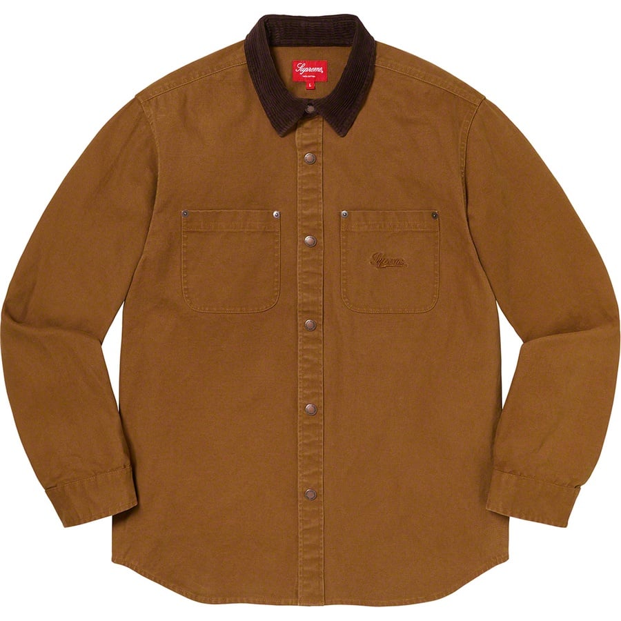 Details on Script Canvas Snap Shirt Brown from fall winter
                                                    2019 (Price is $138)