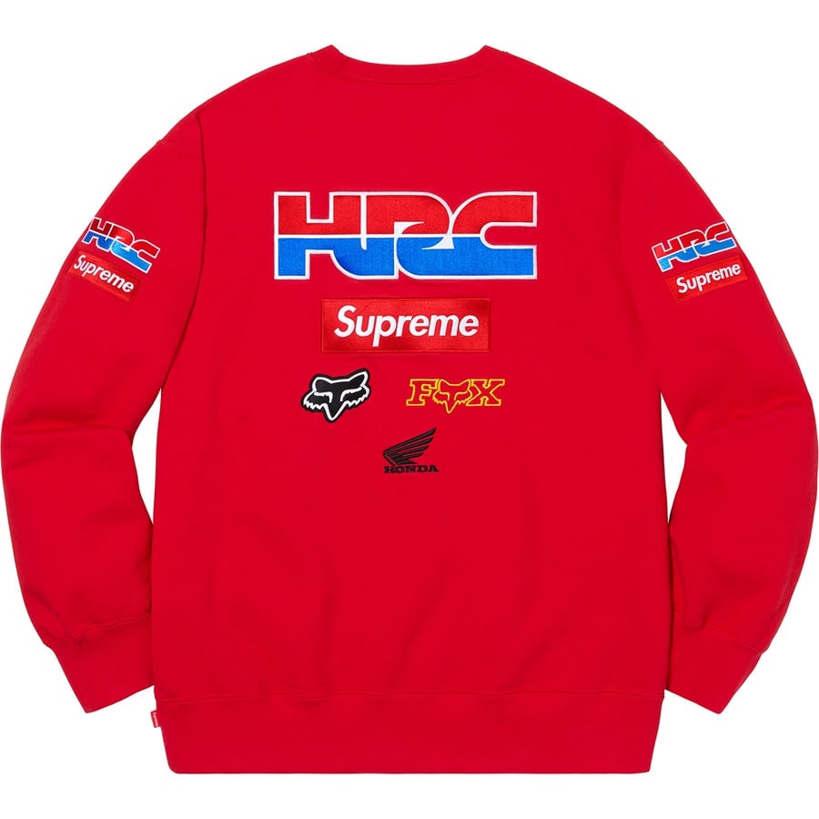 Details on Supreme Honda Fox Racing Crewneck Red from fall winter 2019 (Price is $158)