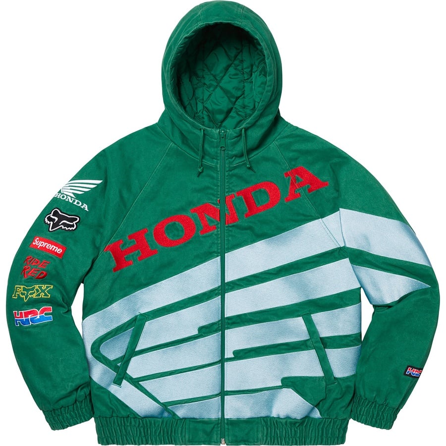 Details on Supreme Honda Fox Racing Puffy Zip Up Jacket Dark Green from fall winter 2019 (Price is $258)