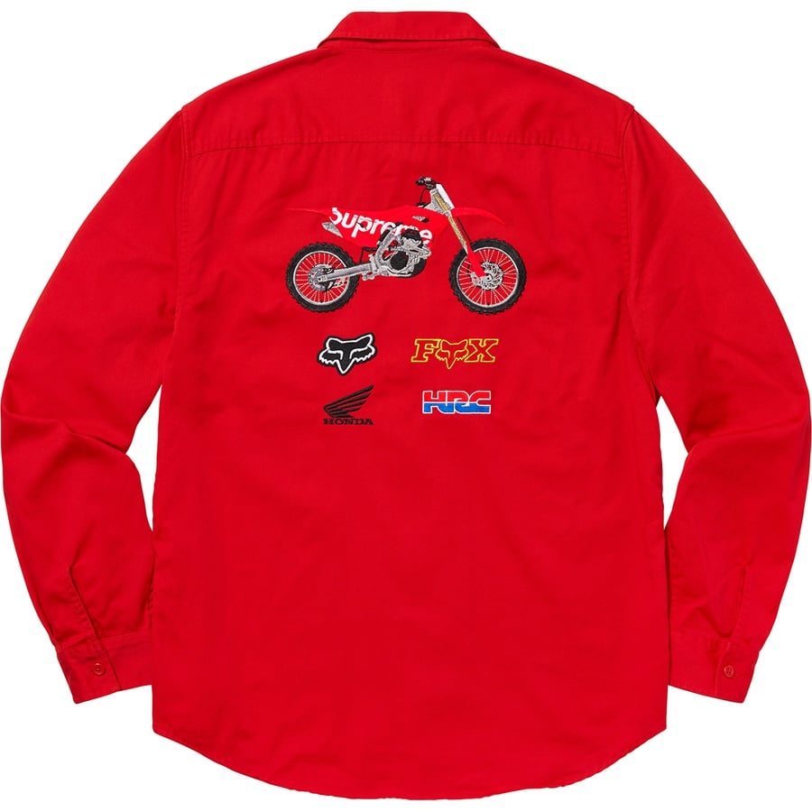 Details on Supreme Honda Fox Racing Work Shirt Red from fall winter 2019 (Price is $148)