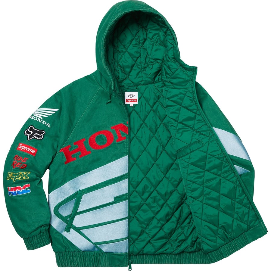 Details on Supreme Honda Fox Racing Puffy Zip Up Jacket Dark Green from fall winter 2019 (Price is $258)