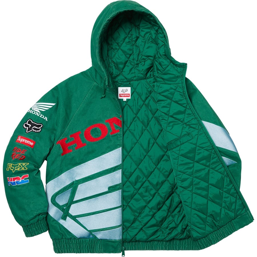 Details on Supreme Honda Fox Racing Puffy Zip Up Jacket Dark Green from fall winter
                                                    2019 (Price is $258)