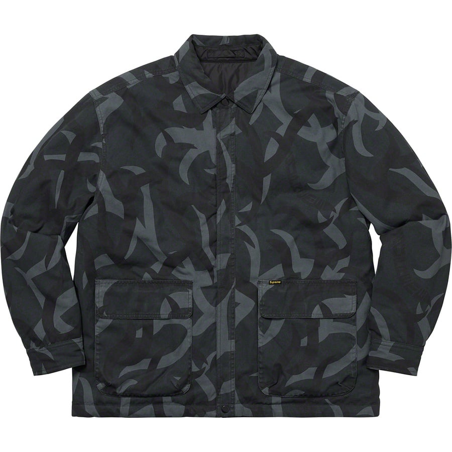 Details on Reversible Puffy Work Jacket Black Tribal Camo from fall winter 2019 (Price is $218)