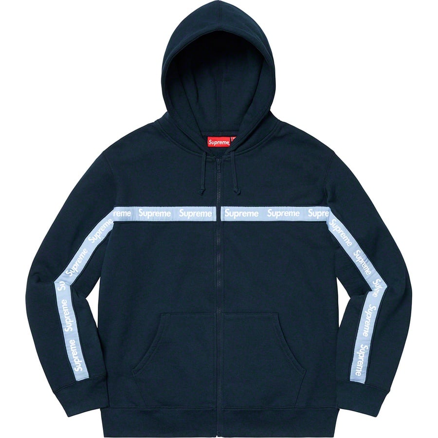 Details on Text Stripe Zip Up Hooded Sweatshirt Navy from fall winter 2019 (Price is $168)