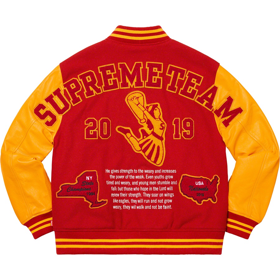 Details on Team Varsity Jacket Red from fall winter 2019 (Price is $448)
