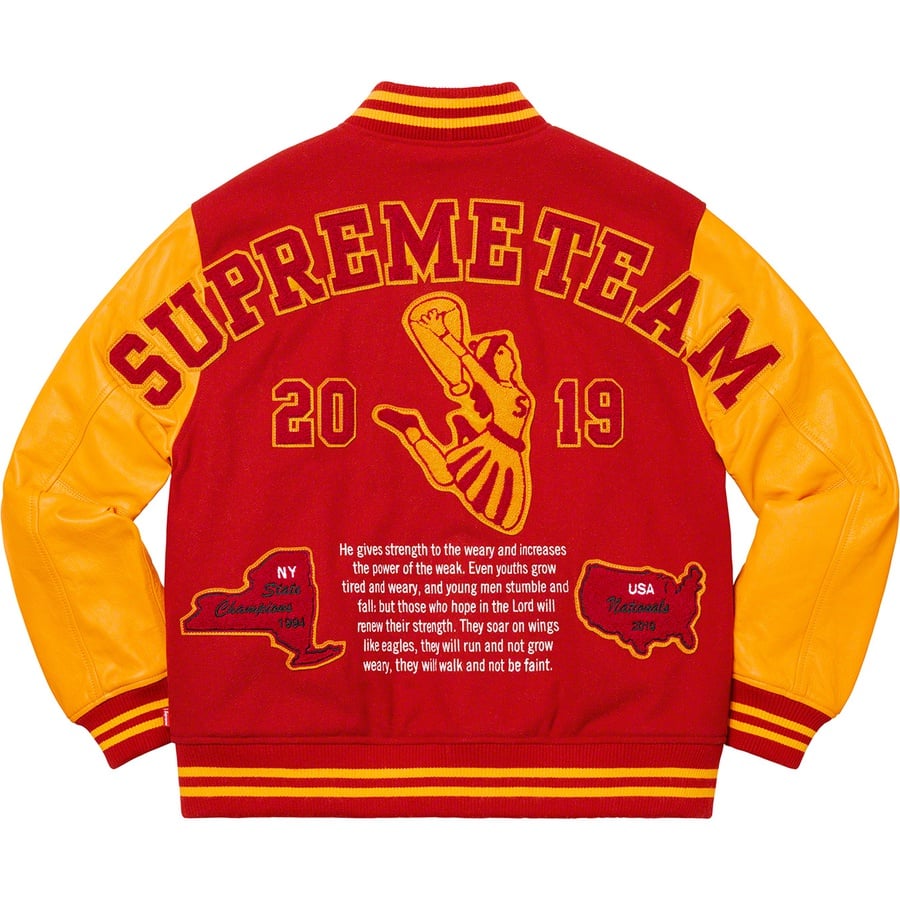 Details on Team Varsity Jacket Red from fall winter
                                                    2019 (Price is $448)