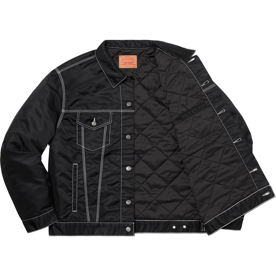 Details on Supreme Levi's Nylon Trucker Jacket Black from fall winter
                                                    2019 (Price is $264)