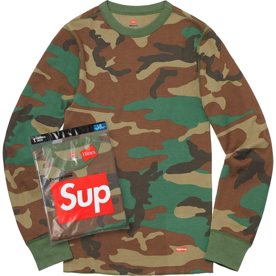 Details on Supreme Hanes Thermal Crew (1 Pack) Woodland Camo from fall winter
                                                    2019 (Price is $24)