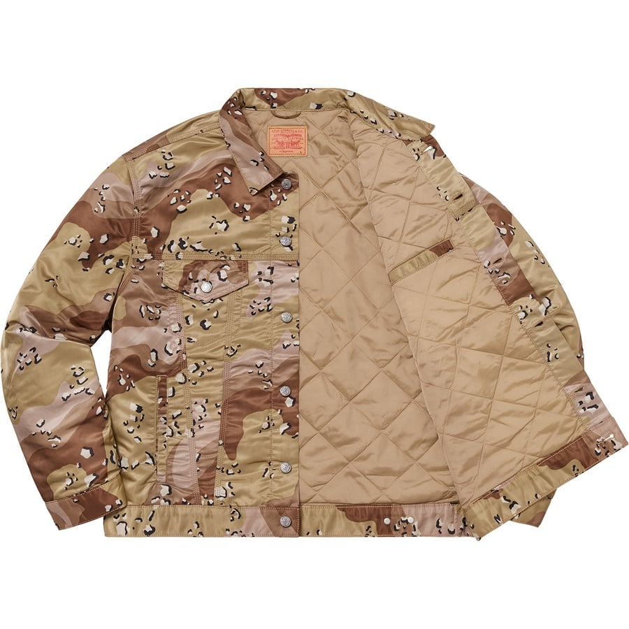 Details on Supreme Levi's Nylon Trucker Jacket Chocolate Chip Camo from fall winter 2019 (Price is $264)