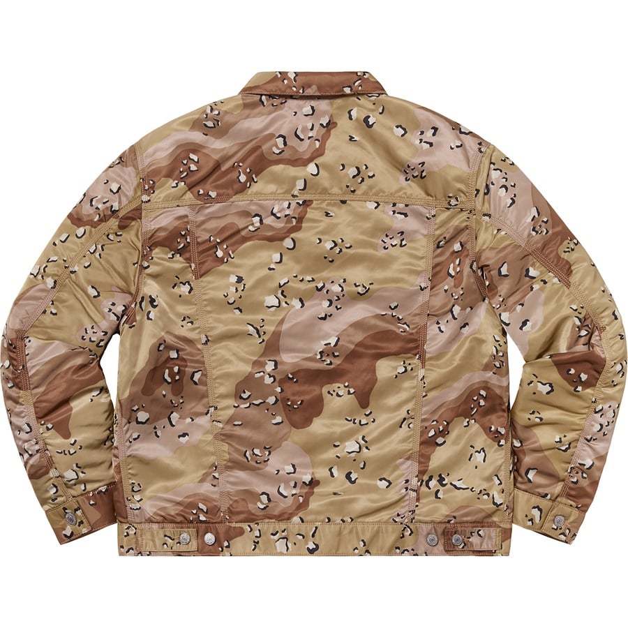 Details on Supreme Levi's Nylon Trucker Jacket Chocolate Chip Camo from fall winter
                                                    2019 (Price is $264)