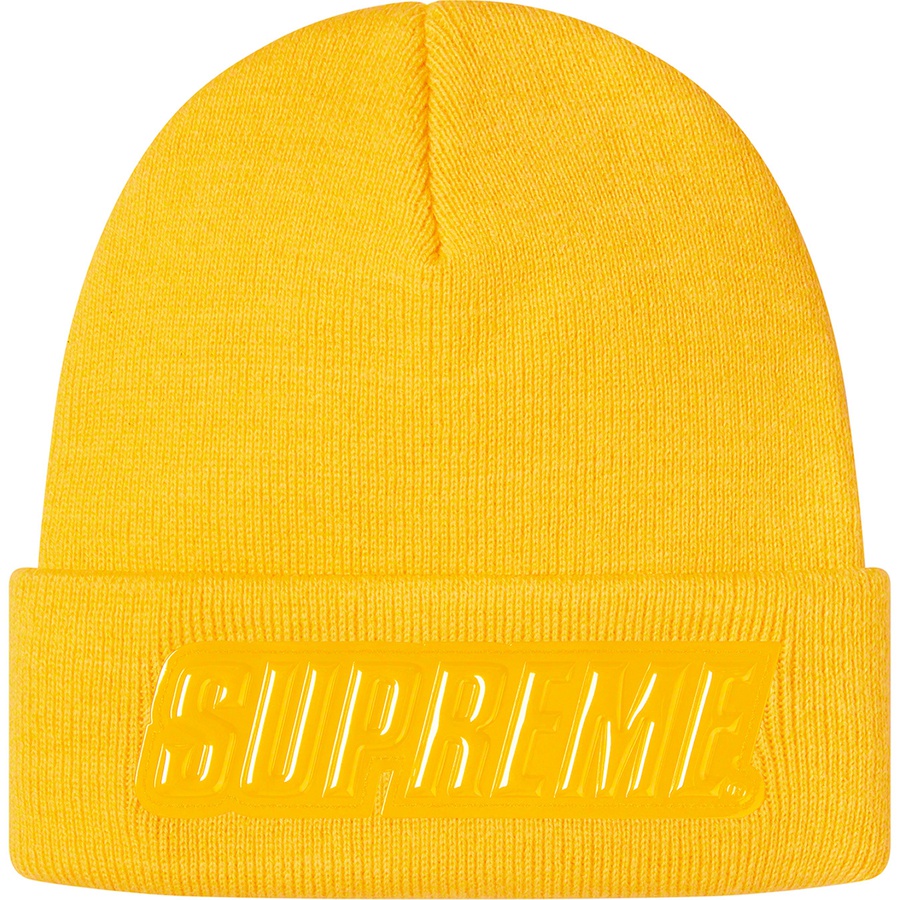 Details on Raised Patent Logo Beanie Gold from fall winter
                                                    2019 (Price is $36)