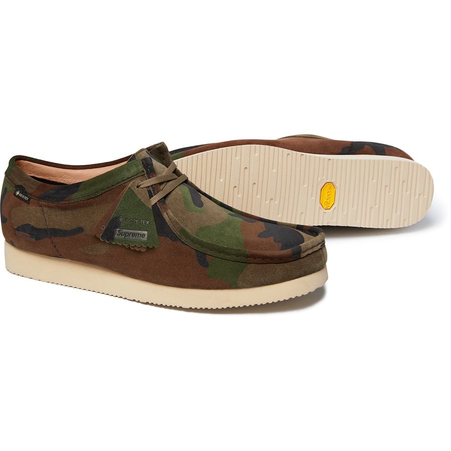 Details on Supreme Clarks Originals GORE-TEX Wallabee Woodland Camo from fall winter
                                                    2019 (Price is $198)