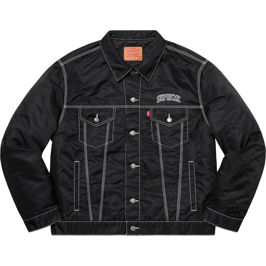 Details on Supreme Levi's Nylon Trucker Jacket Black from fall winter
                                                    2019 (Price is $264)